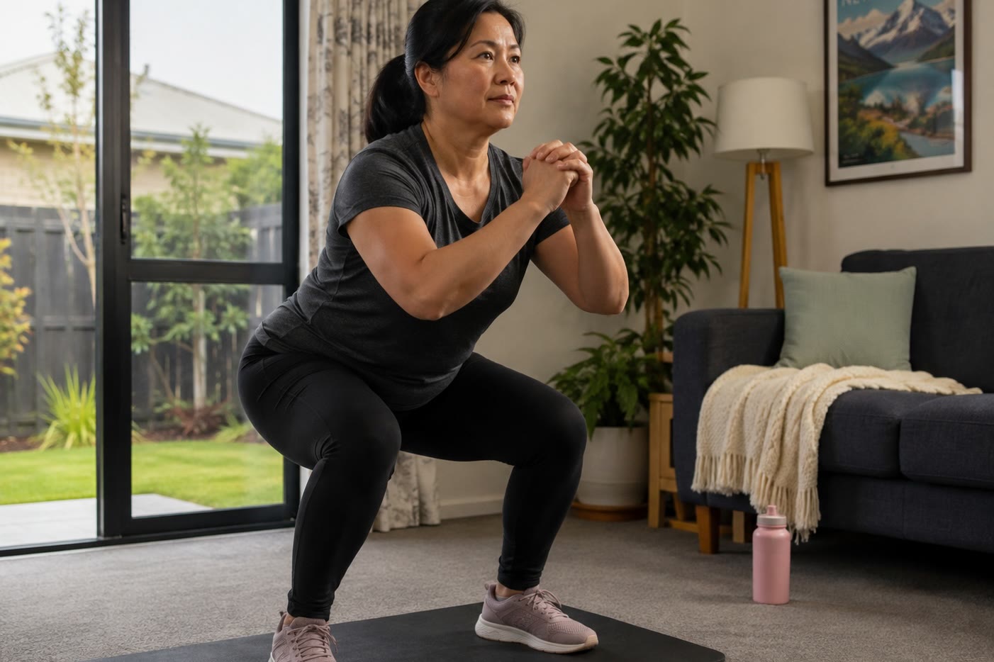 A woman doing a bodyweight squat on a mat in her living room.