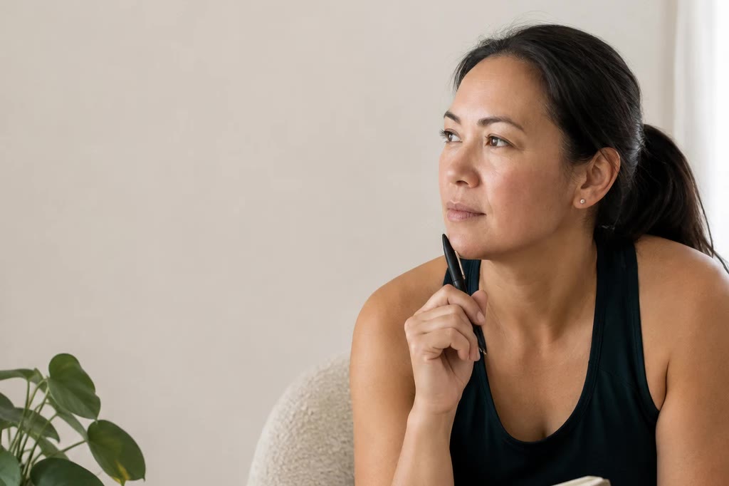 A woman sitting in a chair with a notebook and pen, looking away in thought.