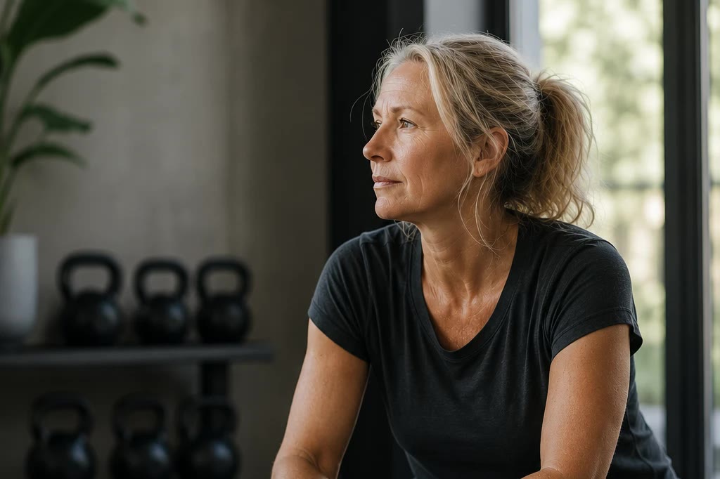 A woman sitting on a bench in a quiet gym, looking out of the window.