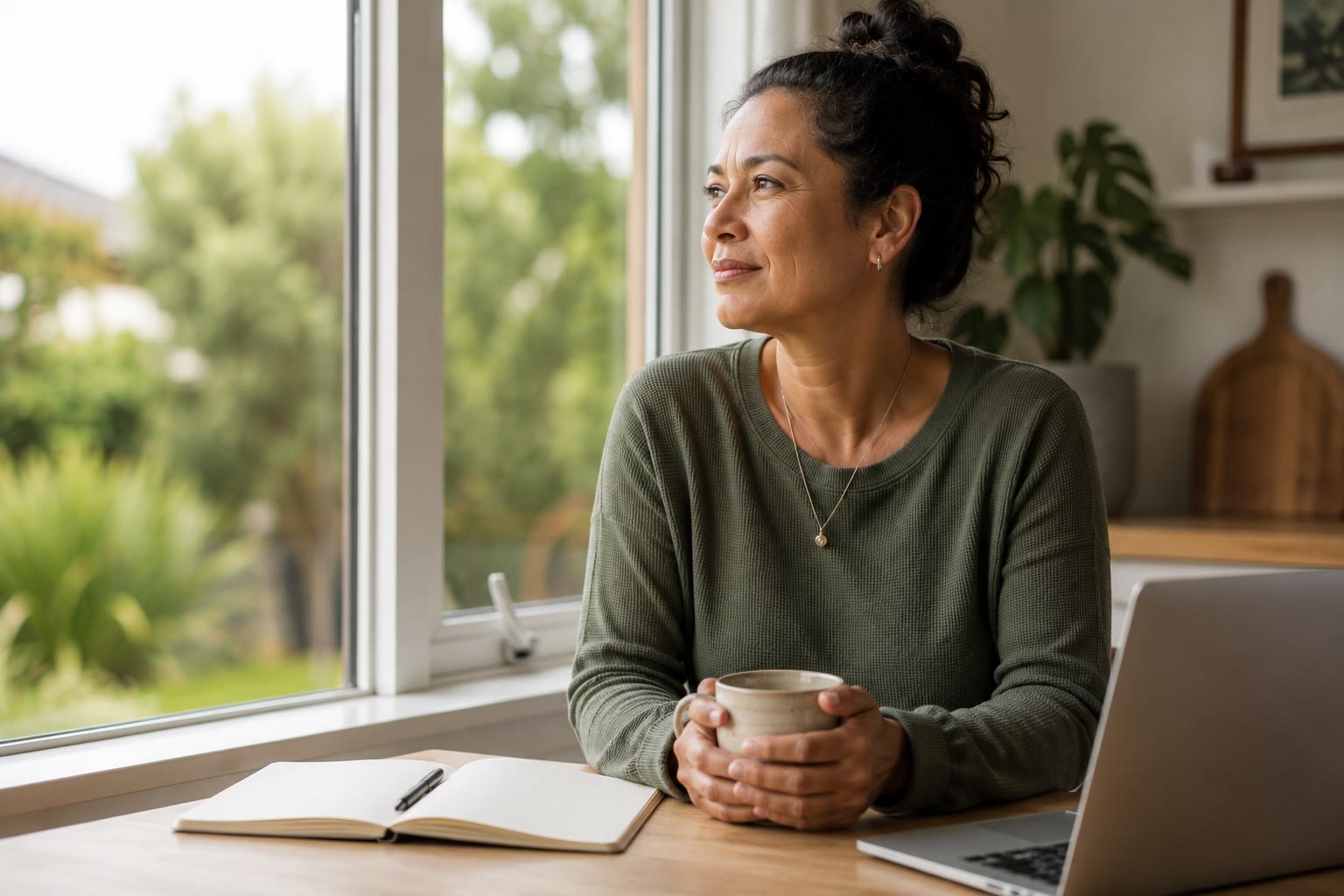 A woman at a kitchen table with a notebook and a laptop, looking out of the window.