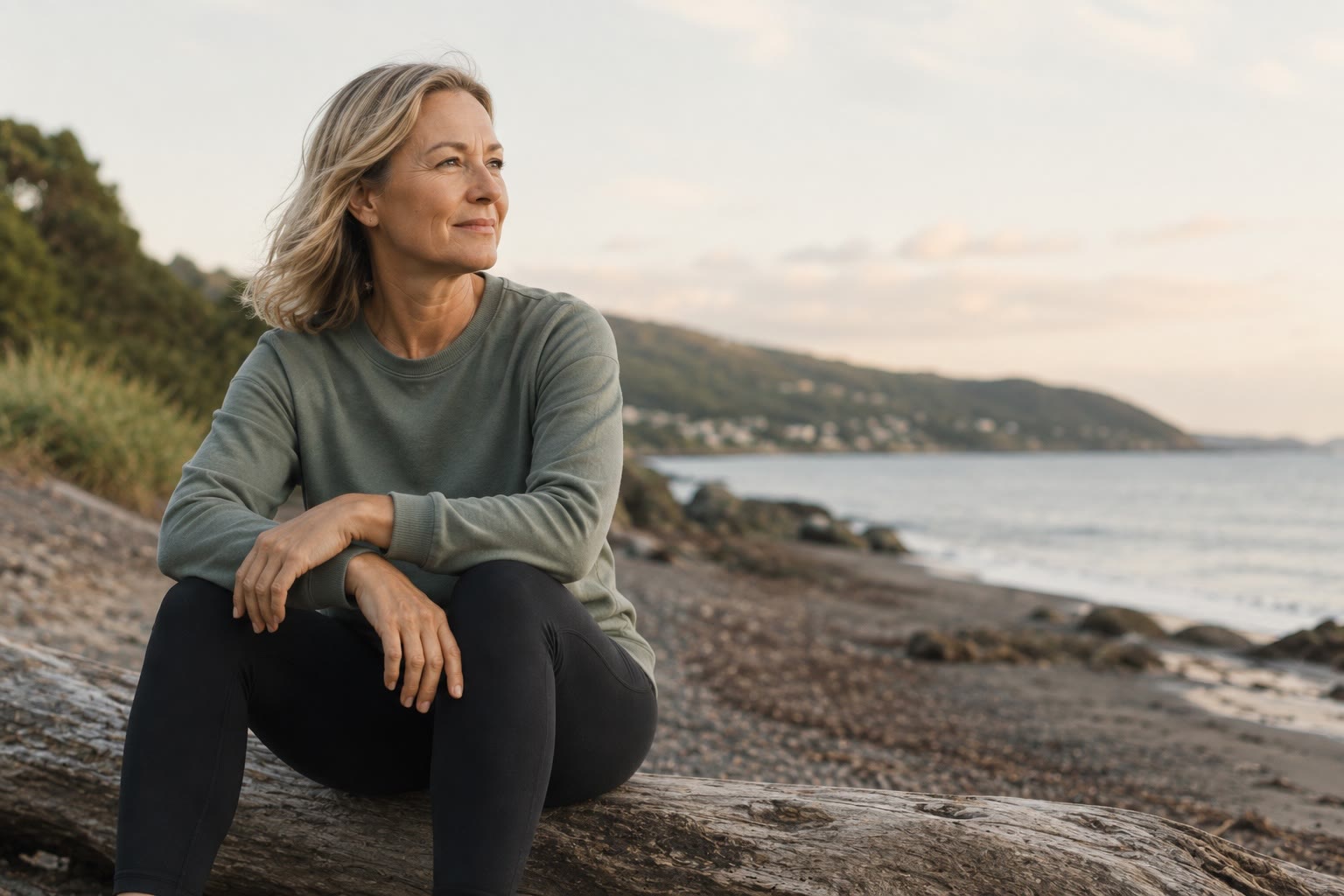 A woman sitting on driftwood on a beach at dusk, looking out to sea.