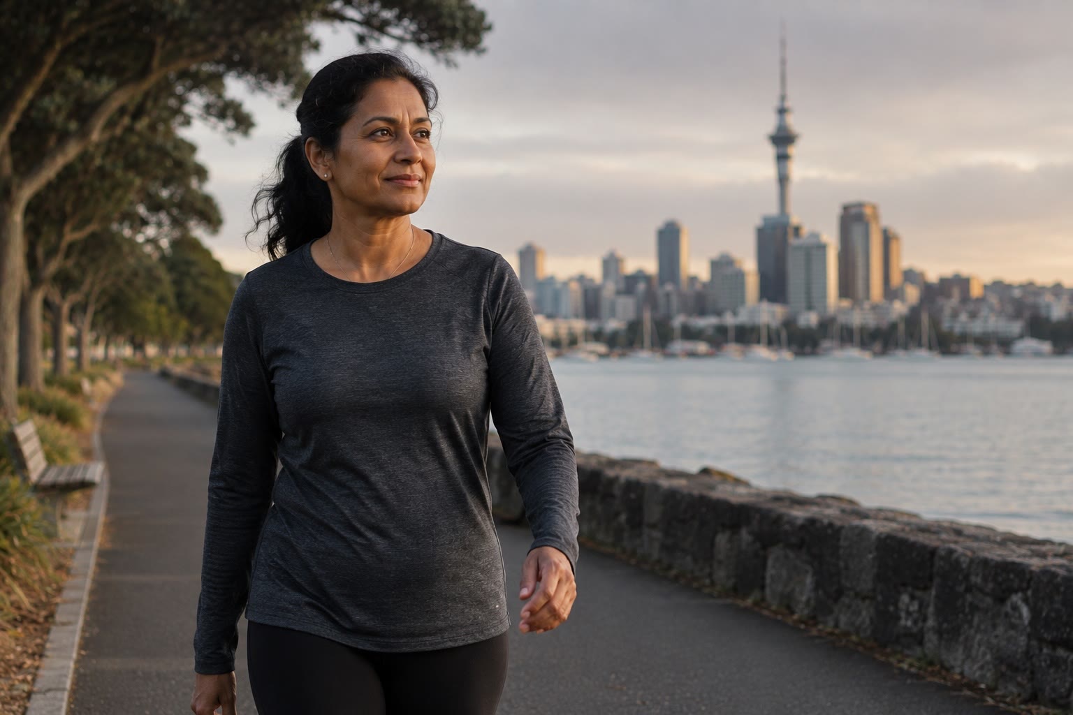 A woman walking a waterfront path at dusk, with the Auckland skyline behind her.